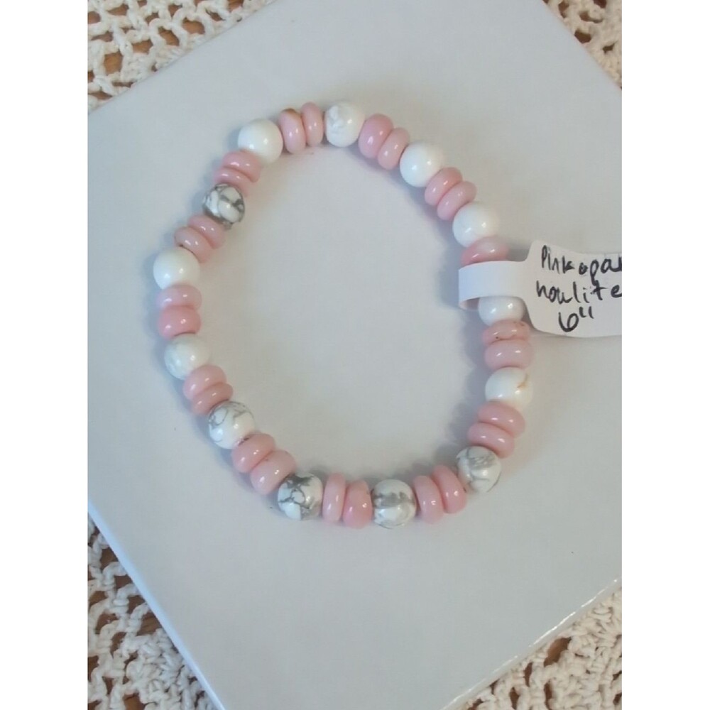 Handmade Howlite And Pink Opal Stretch Bracelet, 6 Inches